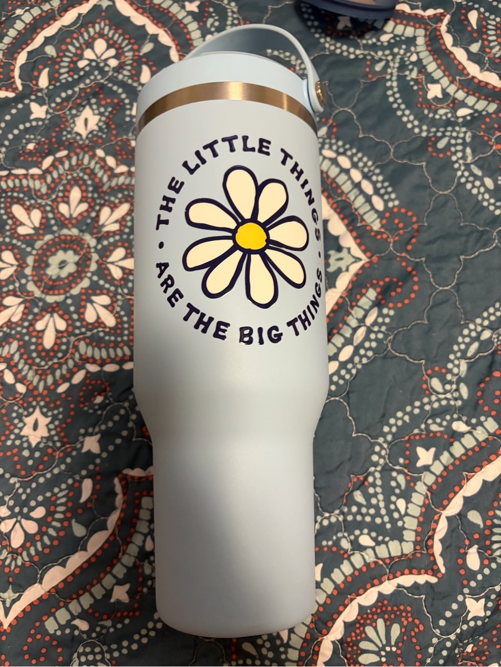 Life Is Good Powder Blue Daisy Tumbler with Gold Accent